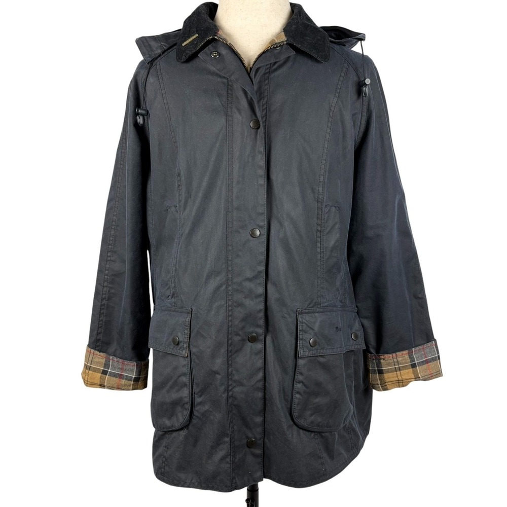 Barbour Beadnell Waxed Jacket Womens XXL 18 Navy Tartan Lined Removable Hood